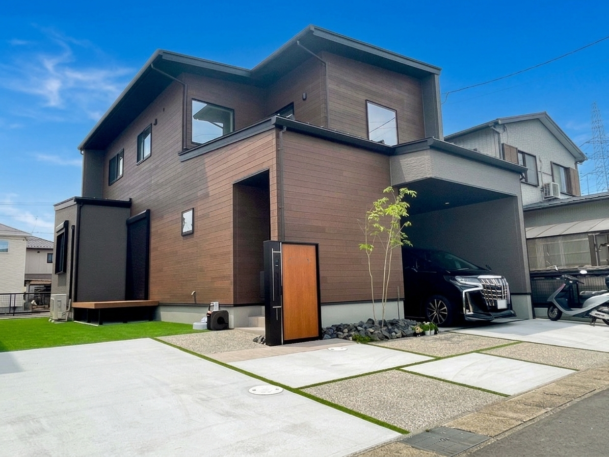 住宅によく合う機能門柱や人工芝を備えた新築住宅のデザイン外構 画像